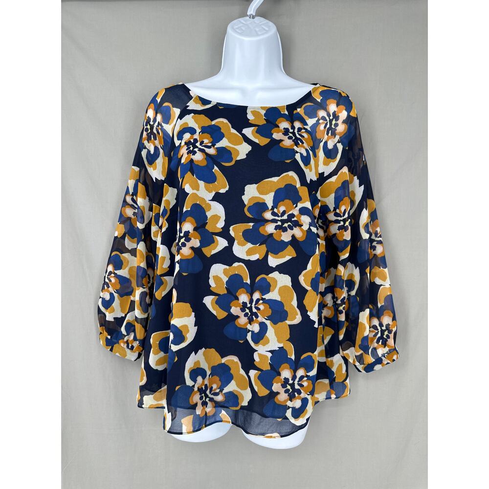 Cabi Top Women Small Blue Floral Lydia Retro Chiffon Cottage Office Boho Capsule